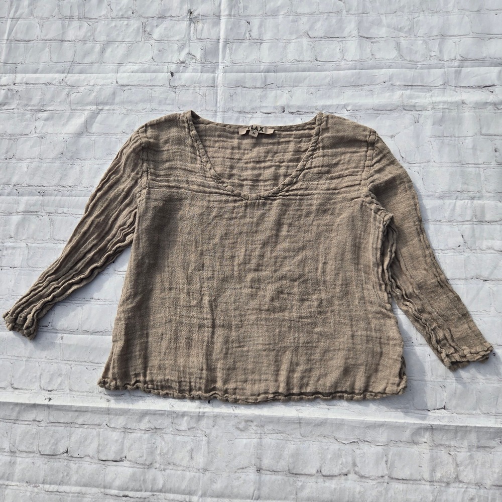FLAX 100% Linen V-Neck Crinkle Gauze Top Taupe boxy Lagenlook Lithuania M